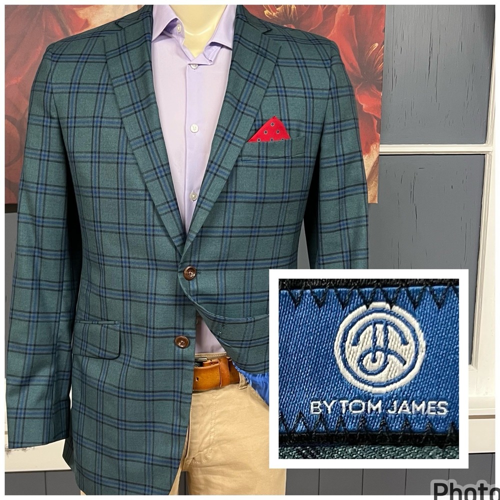 Tom James Custom Tailored Blazer Sport Coat Mens 40R Wool Green/Blue/Black